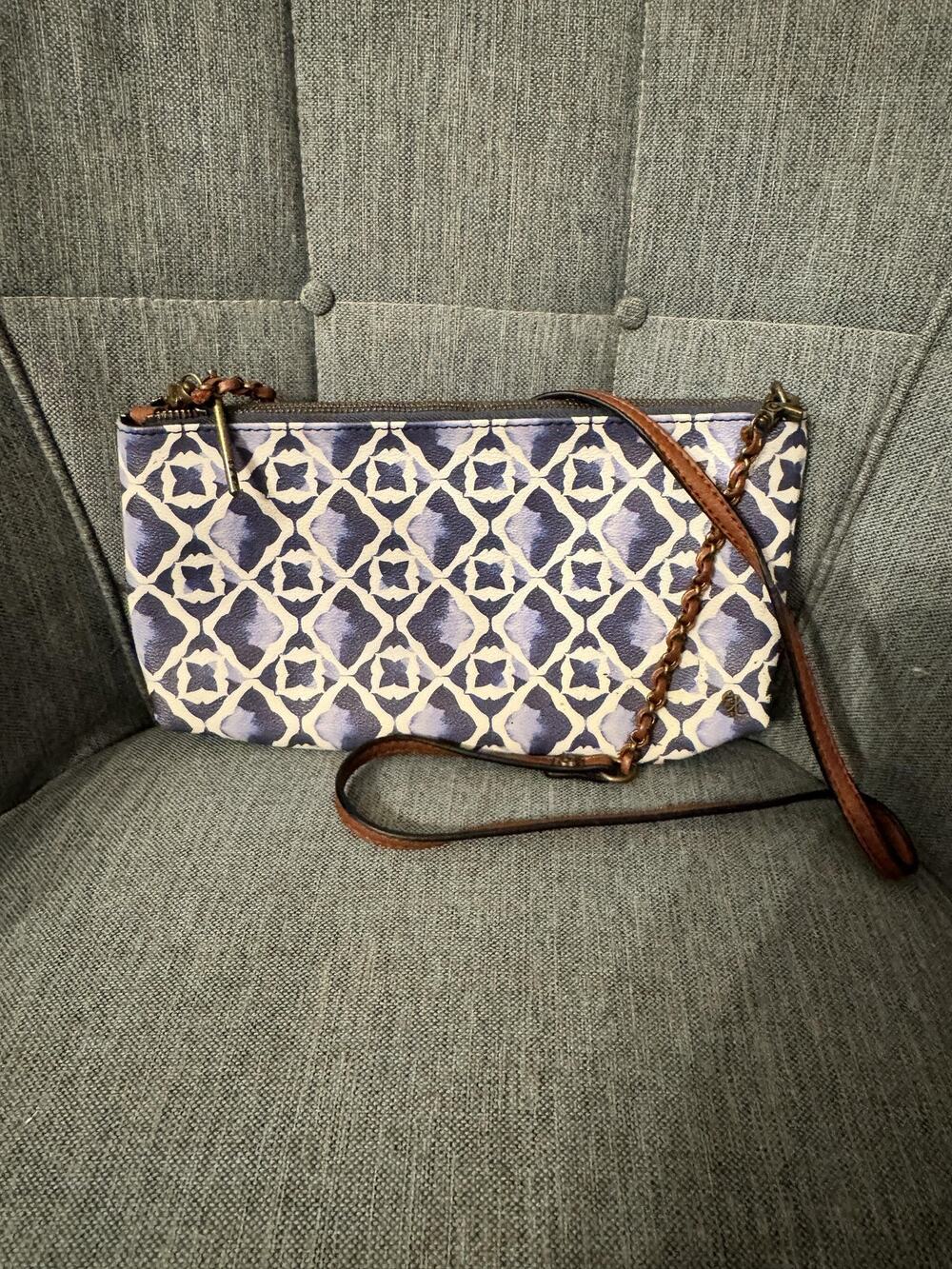 Elliott Lucca Crossbody Bag Womens Small Blue Geometric Print Leather Purse